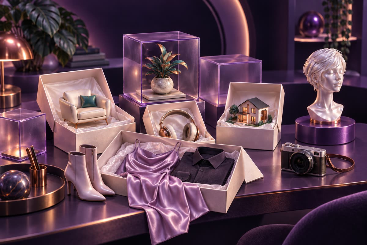 Illustration of clothing, furniture, decor, accessories and a building model prepared together for a virtual product release.